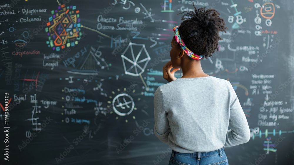 Poster a student contemplates complex equations and diagrams on a chalkboard, highlighting the interplay of