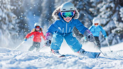 Children skier snow and fun family of winter excursions..