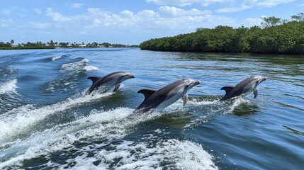 Three Dolphins Jumping in the Ocean Bay