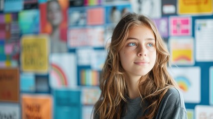 A thoughtful young girl gazes into the distance, surrounded by colorful, inspirational posters on a wall.