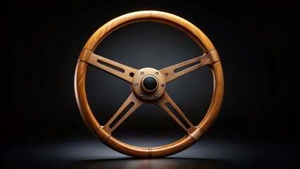 Obraz premium Minimalist Wooden Steering Wheel: Light Brown on Black Background
