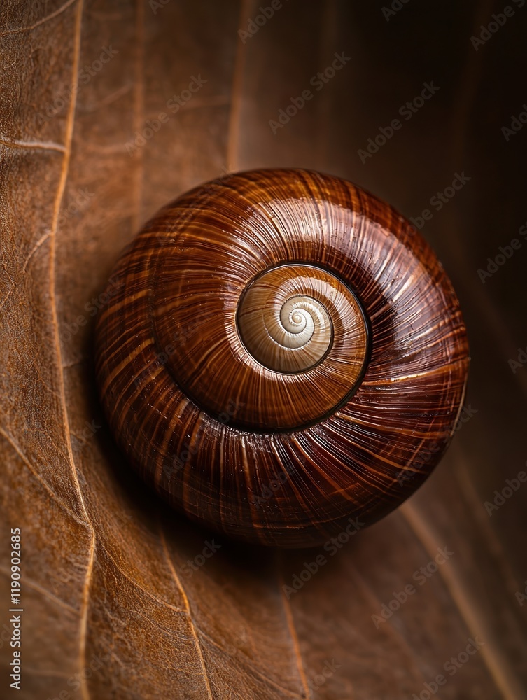 Poster a close-up of a beautiful snail shell resting on a leaf, showcasing intricate patterns and rich colo