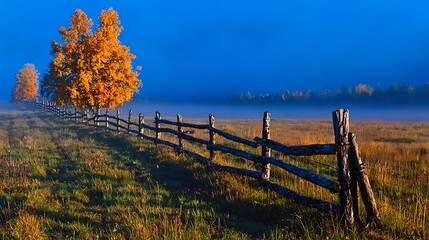 Obraz premium Serene autumn landscape featuring a rustic wooden fence and vibrant orange tree under a blue sky