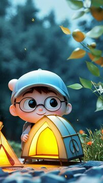 A cheerful cartoon boy with glasses stands by a tent in a vibrant outdoor setting.