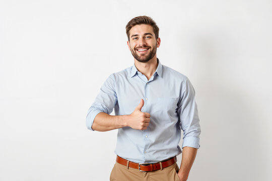 A cheerful individual wearing a light blue casual shirt, expressing positivity and confidence through a thumbs-up gesture, while standing against a plain white backdrop, uplifting and friendly vibe.