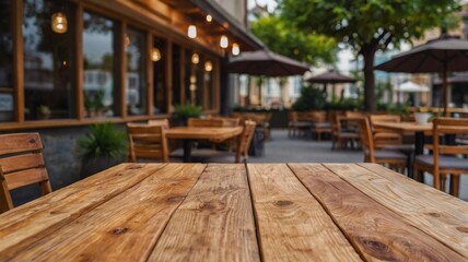 Obraz premium Empty wood table top on outdoor aesthetic cafe with a blurred background. The focus is on the table surface.