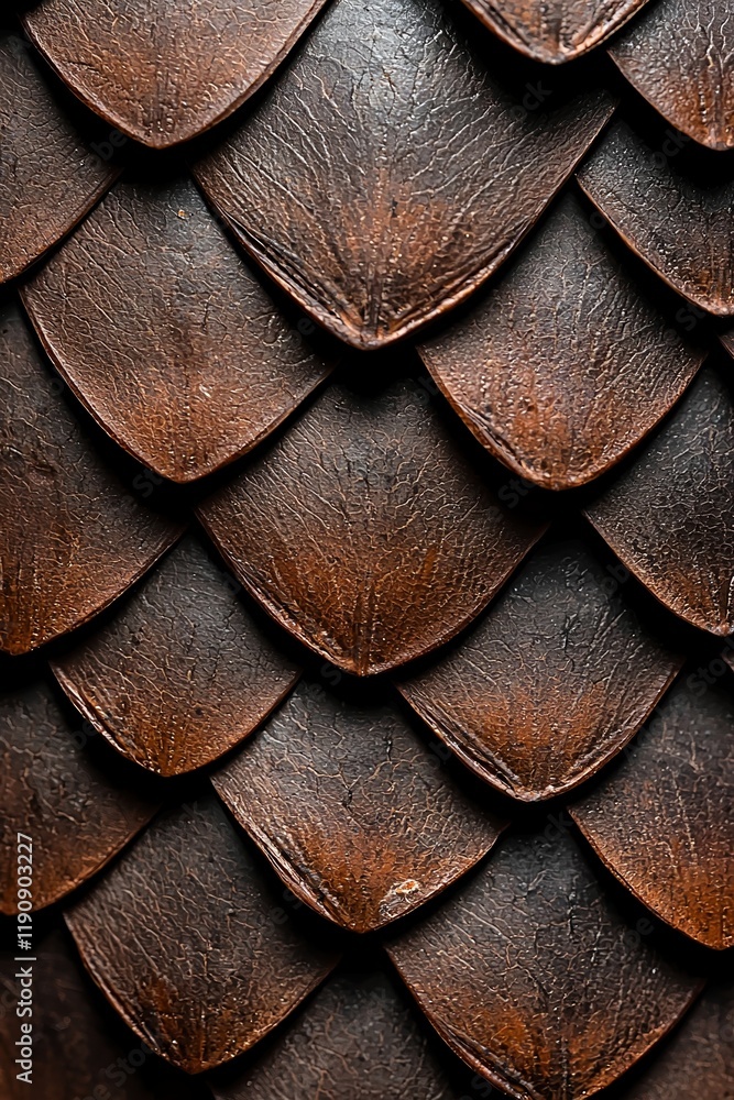 Poster a close-up of textured brown scales, showcasing intricate patterns and shadows, ideal for design and