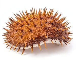 Intricate textures of a crown-of-thorns starfish with golden brown spines on white