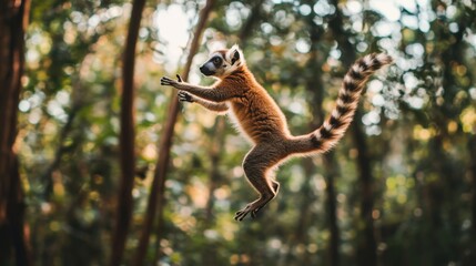 Fototapeta premium Majestic Lemur Leaping Through Lush Forest