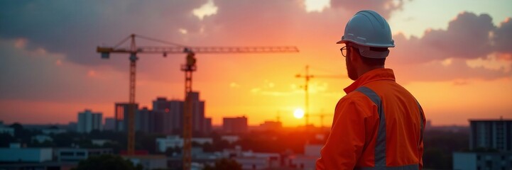 A construction worker admires the sunset over a city skyline with cranes in view.