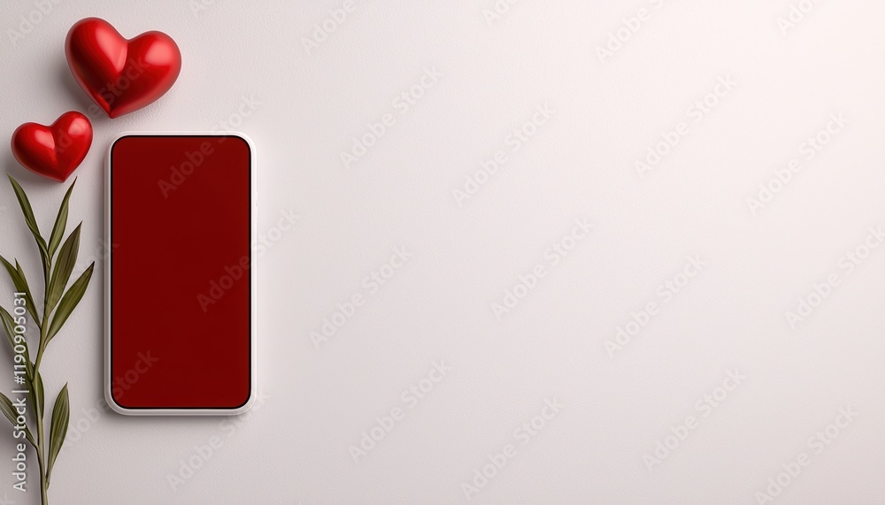 Poster a minimalistic composition featuring red hearts and a modern smartphone on a soft background, perfec
