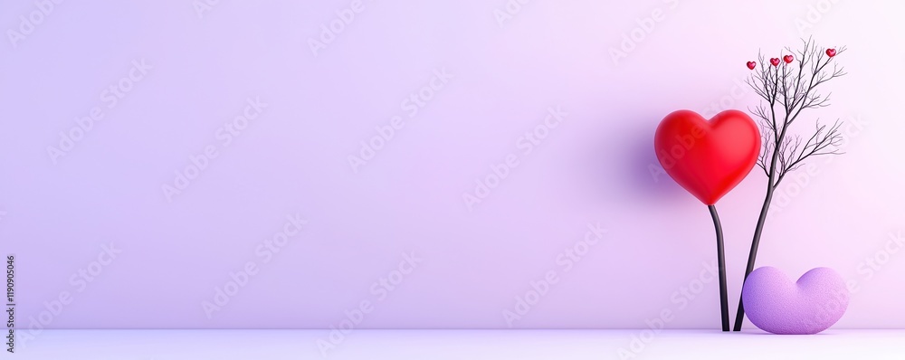 Poster a minimalistic scene featuring colorful heart shapes and a delicate tree on a soft purple backdrop.