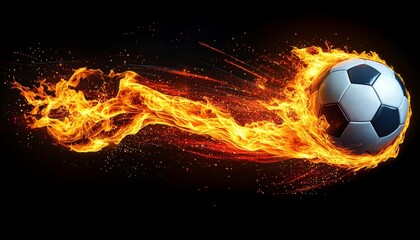 Fototapeta premium Fiery Soccer Ball Dynamic Motion and Energy with Swirling Flames on Black Background