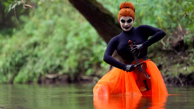 Orange hair, dark makeup with black accents and a mysterious smile add theatricality and drama to the scene, emphasizing the contrast with the green background.