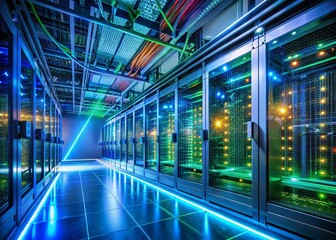 Fototapeta premium Modern Data Center: Glowing Servers & Digital Network Technology Stock Photo