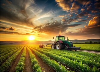 Fototapeta premium Modern Farmer Spraying Cornfield at Sunset - Agricultural Technology Stock Photo