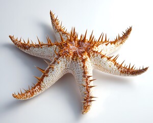 Intricate textures of a crown-of-thorns starfish with golden brown spines on white