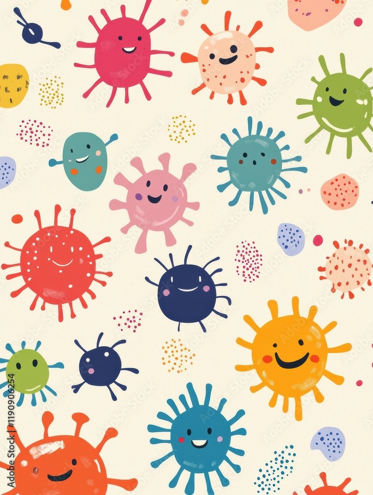 Poster smiling cartoon microbes in vibrant colors creating a joyful atmosphere for children and educational