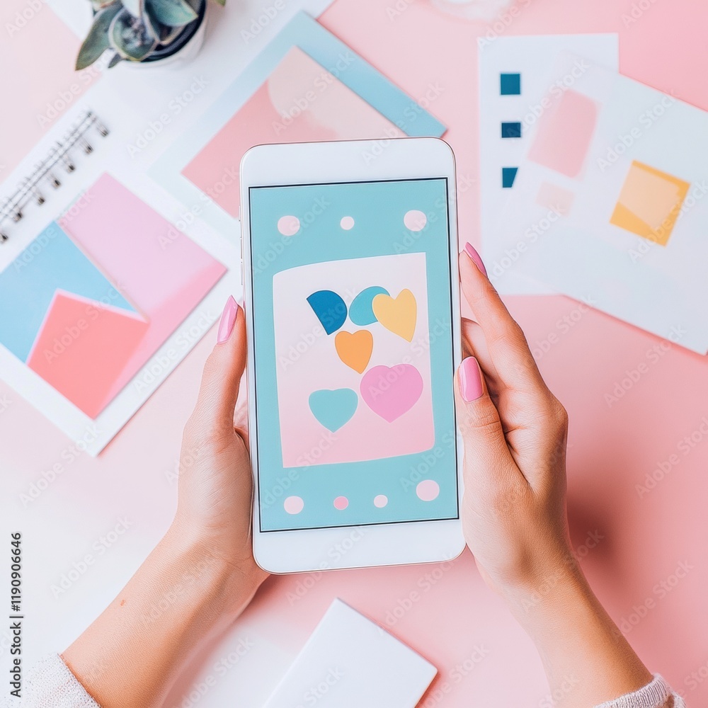 Aufkleber creative smartphone display with bright colorful designs on a soft pastel workspace. generative ai
