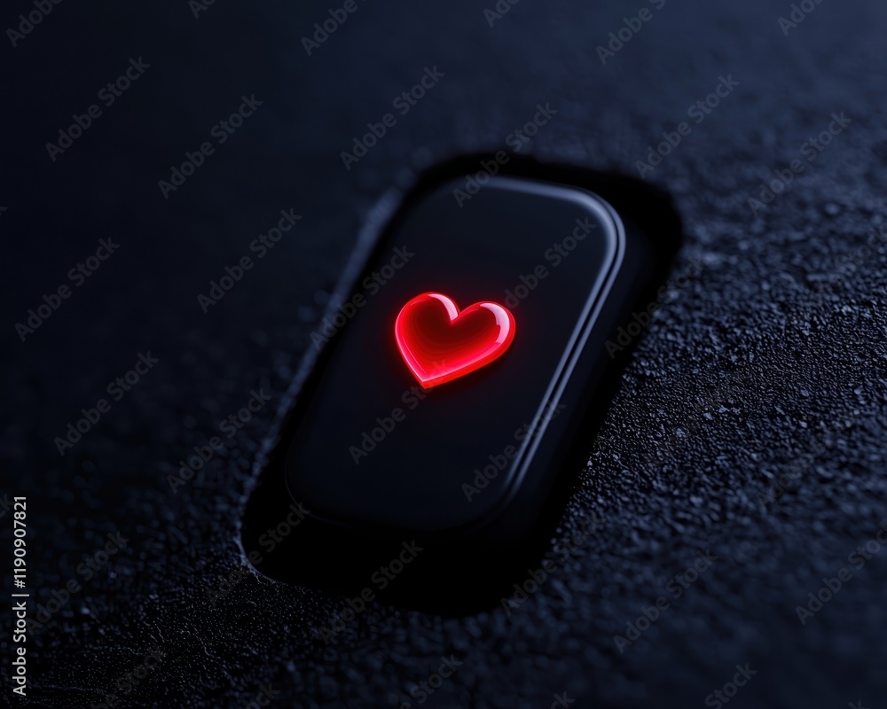 Poster close-up of a glowing red heart button, symbolizing love and connection in a digital space.