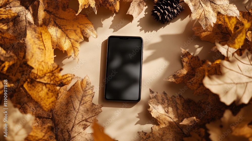 Aufkleber autumn composition with smartphone mockup displaying shadows of leaves on beige background