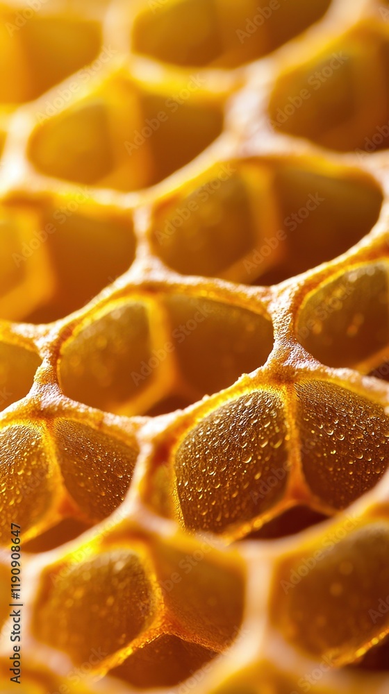 Poster close-up view of a honeycomb structure, showcasing the intricate patterns and textures of natural be