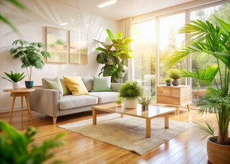 Fototapeta premium Modern Minimalist Living Room: Double Exposure of Wooden Furniture & Greenery