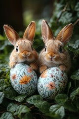 Charming small rabbits nestled among vividly painted Easter eggs, surrounded by decorative branches and colorful embellishments, symbolizing the festive spirit and Easter season.
