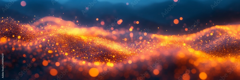 Poster abstract golden particles with bokeh effect, magic glowing background with lights and stars