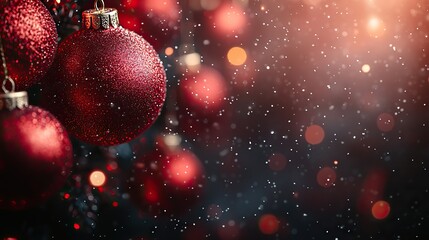 Red ornaments and bokeh lights to the left side, creating a Christmas background with space for a message in the middle