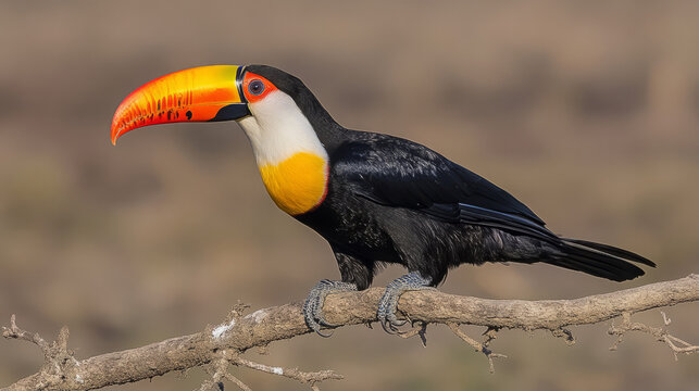 stunning toco toucan close-up perched on branch with vibrant colors and large beak in brazilian rainforest wildlife photography - Powered by Adobe
