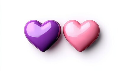 Obraz premium Two glossy hearts, one pink and another purple, represent love and affection in a vibrant and modern style.