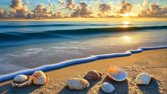 Seashells on sandy beach at sunset with ocean waves.