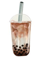 Ice Bubble Tea with tapioca pearls in a clear plastic cup with an straw isolated,Watercolor hand paint boba milk tea,Vector cold drink for summers refreshment