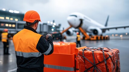An airport worker in an orange vest directs cargo loading onto an aircraft during a cloudy day, emphasizing logistics and teamwork in aviation.