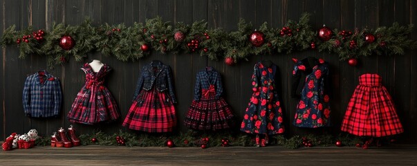 Festive Children's Outfits Displayed Against Holiday Garland for Seasonal Fashion Catalog