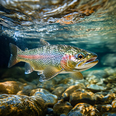 Naklejka premium Rainbow trout swimming in a pristine river, sunlight filtering through the water, showcasing its vibrant colors and scales.