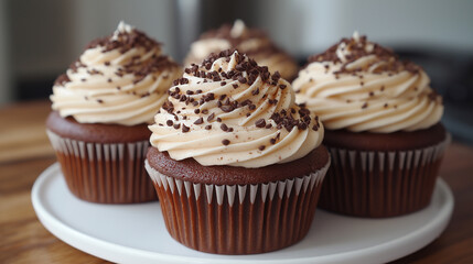 Delicious chocolate cupcakes with white cream and sprinkles