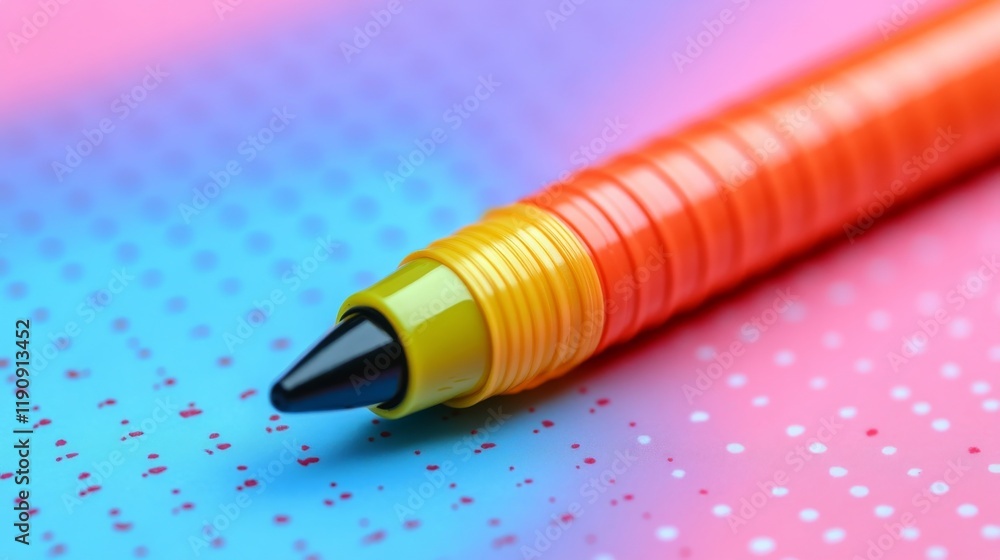 Poster colorful pen resting on a notebook with notes and a small plant in the background