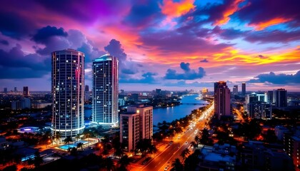 Obraz premium Cityscape Twilight: Vibrant Sunset over Illuminated Towers