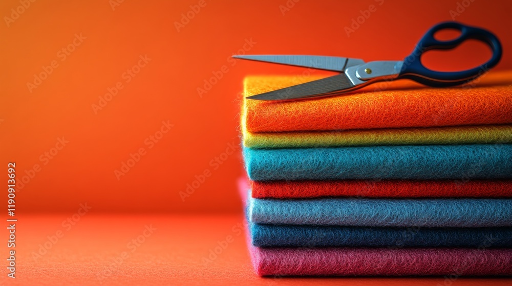 Poster colorful felt sheets stacked with scissors on a textured surface in a crafting workspace