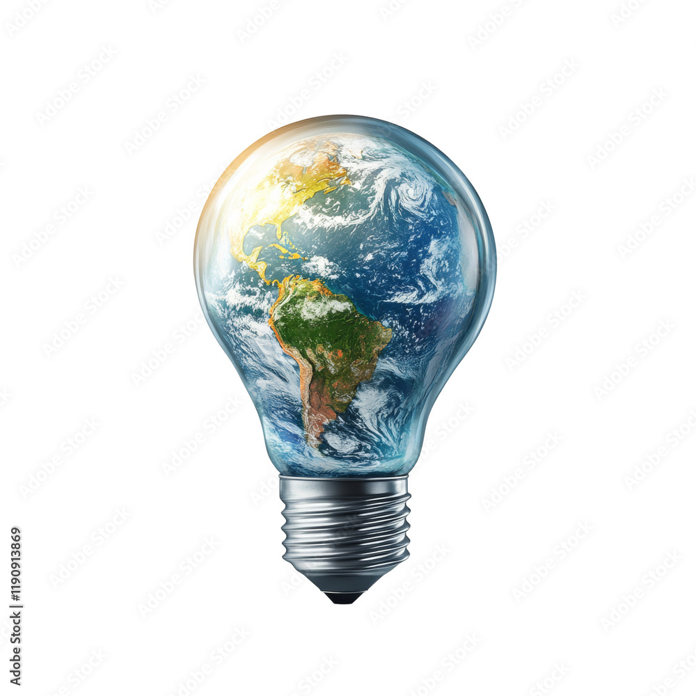 Poster an image depicting planet earth inside a light bulb symbolizing renewable energy and environmental s