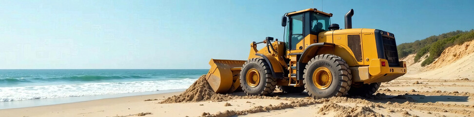 Fototapeta premium A bulldozer working on a sandy beach, moving earth with the ocean in the background.