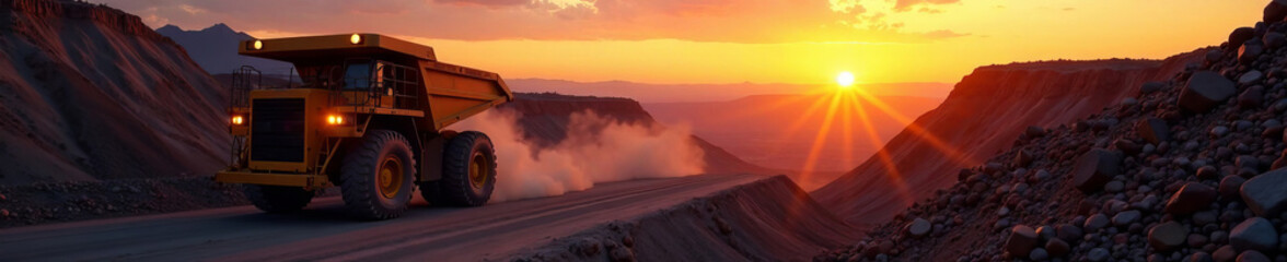 A heavy truck navigates a rugged landscape during a picturesque sunset.