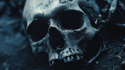 Human skull lying on the ground representing death and decay
