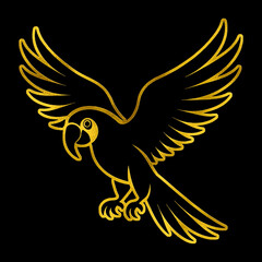 Fototapeta premium 飛んでいるオウムのゴールドのシルエットイラスト 黒背景の切り抜き