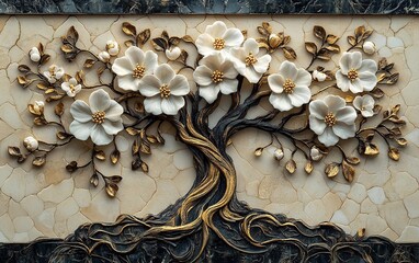 Ornate Floral Tree Sculpture on Cracked Stone Background