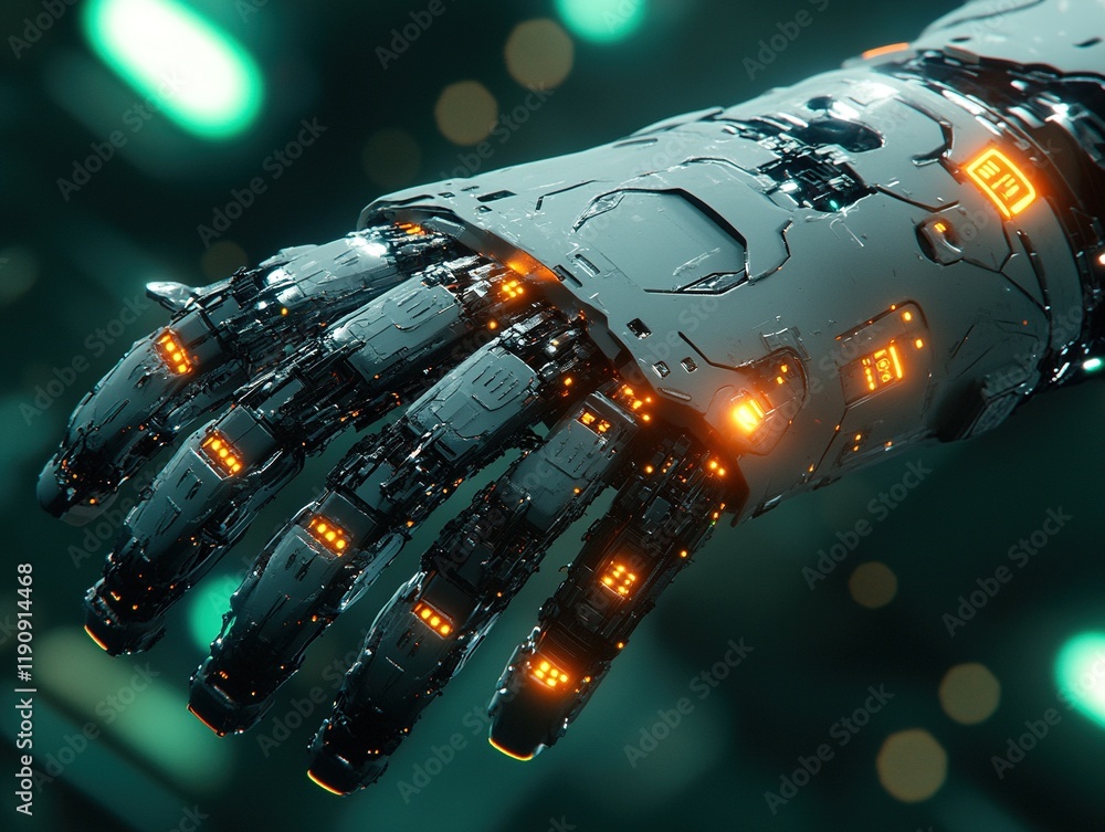 Poster robotic hand with glowing lights on a blurred background for tech use