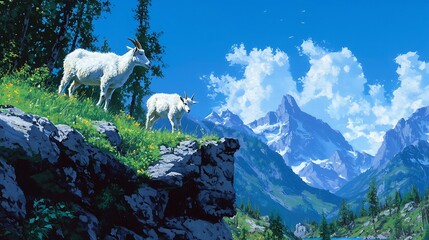 Serene mountain landscape featuring two goats on a rocky ledge with vibrant greenery and blue sky