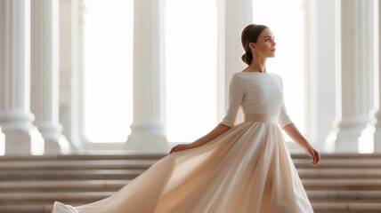 Fototapeta premium A graceful woman in an elegant gown walks confidently, showcasing flowing fabric against a backdrop of grand architecture.